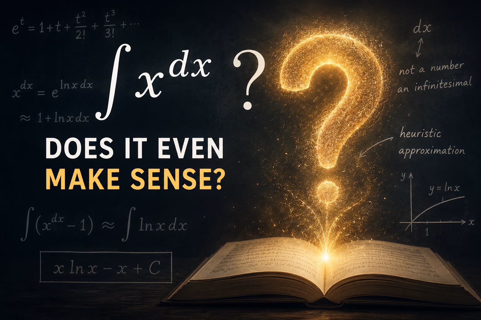 Illustration of the expression ∫x^dx and a question mark, symbolizing a mathematical thought experiment about an undefined integral
